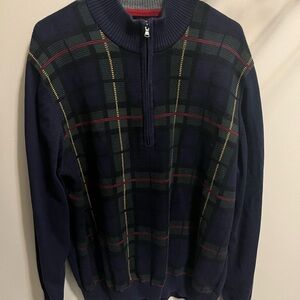 Izod Navy and Green Plaid Zip-Up Sweater